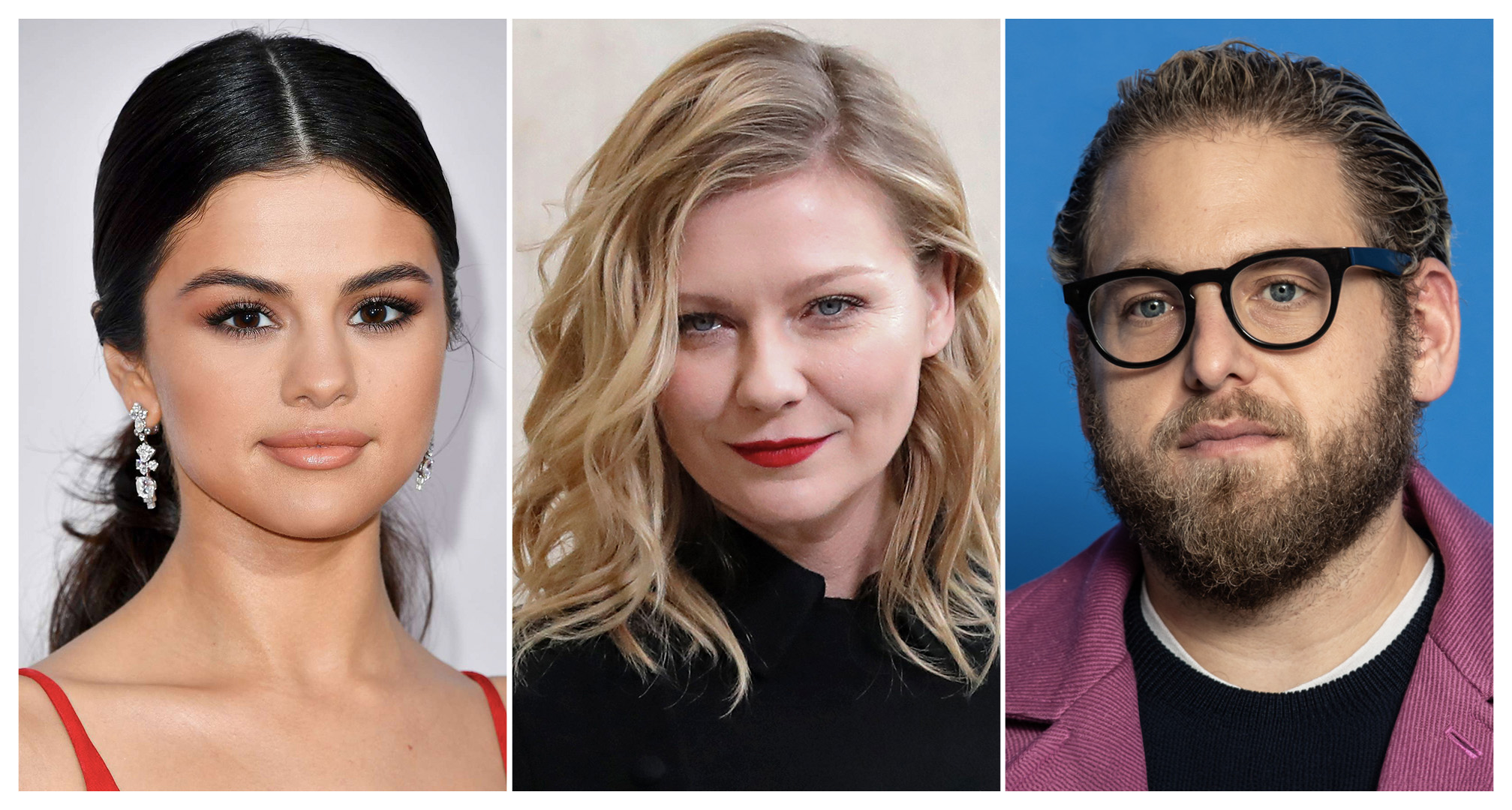 kolaż selena gomez, kirsten Dunst i jona hill