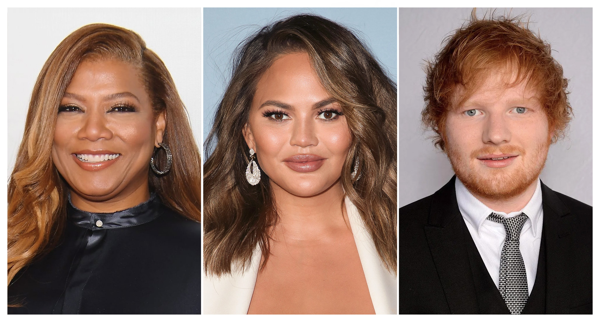 kolaż queen latifah, chrissy teigen i ed sheeran.